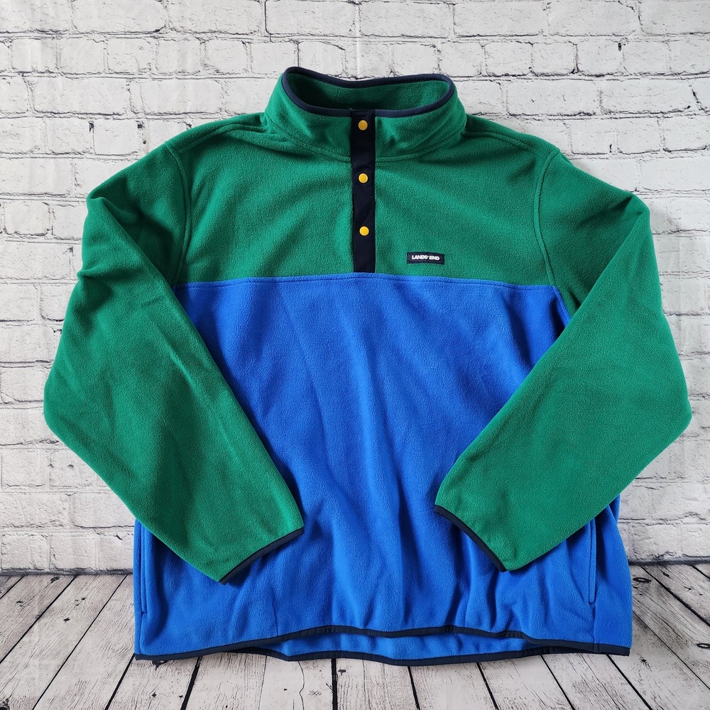 Lands End Mens 3XL Fleece Pullover Green Blue Colorblock Snap Mock Neck Jacket